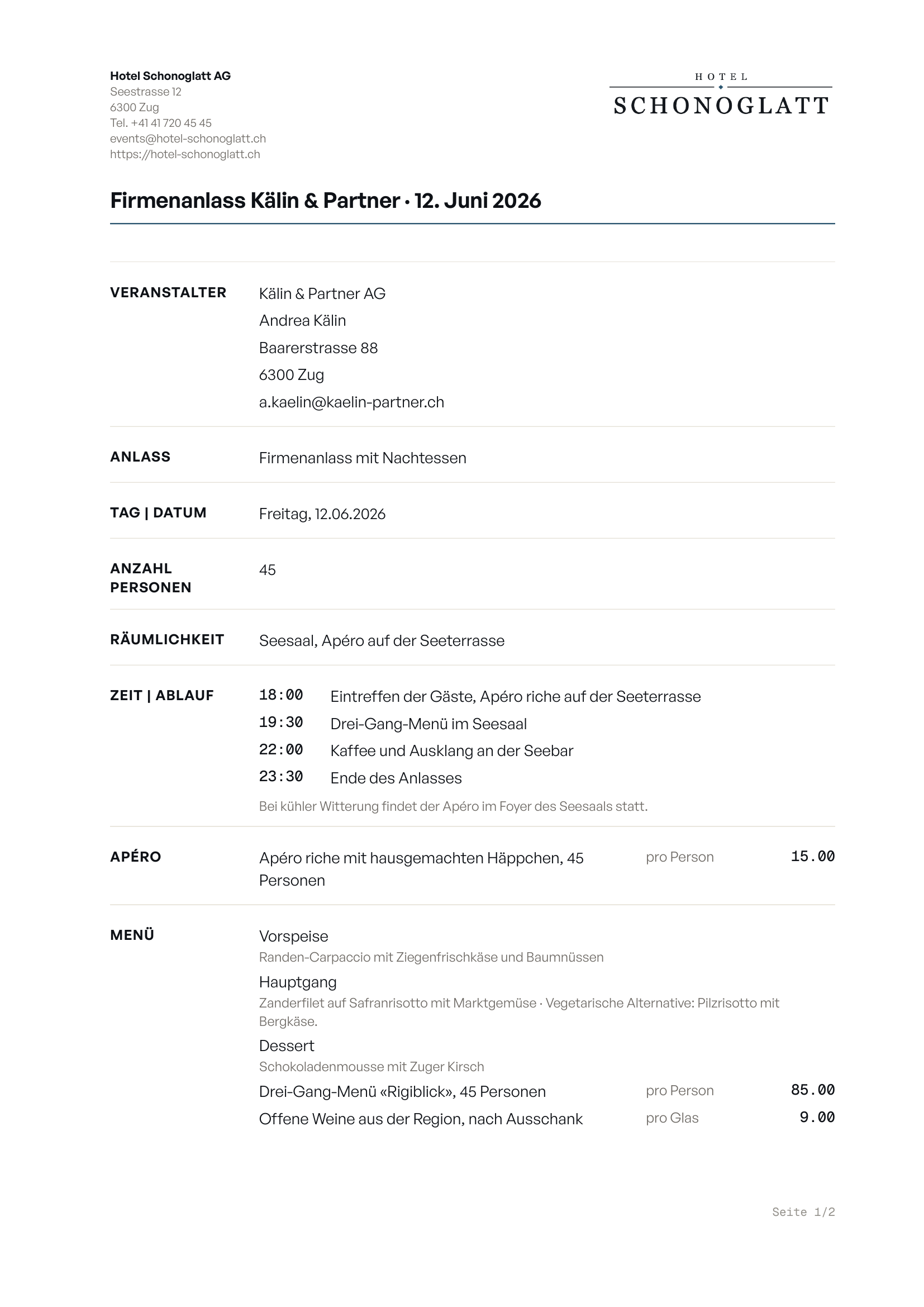 Offerte des Hotels Schonoglatt, erstellt mit Blitzsheet: Seite mit Positionen